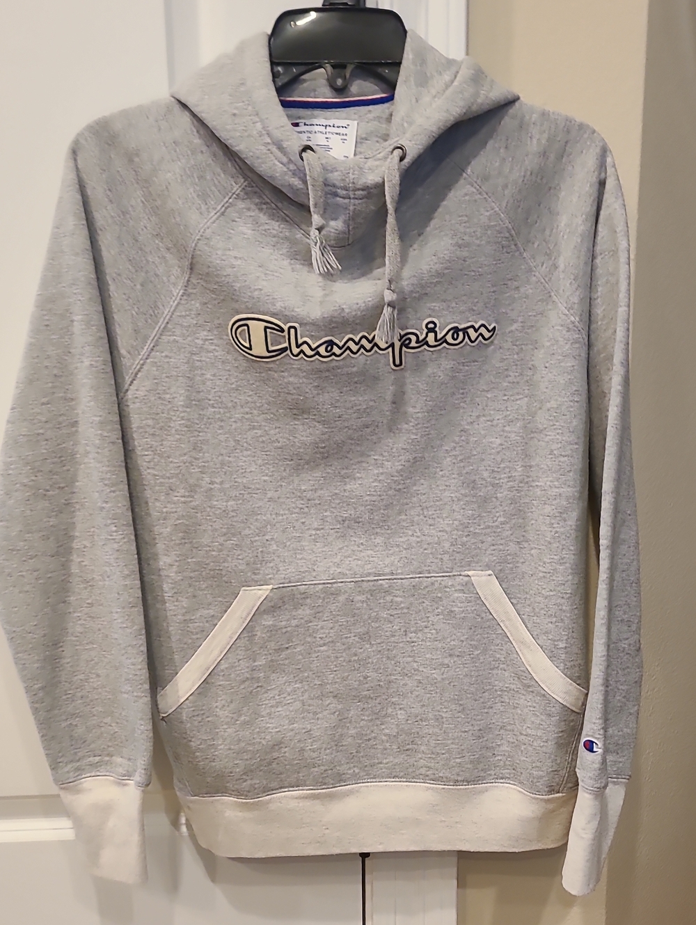 Womens Champion Light Gray Pullover Hoodie with Script Logo